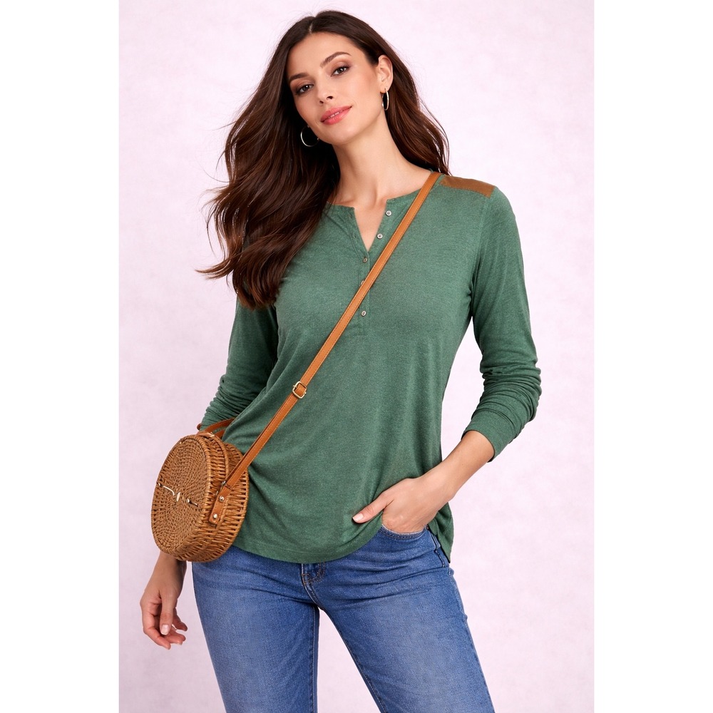 Lauren Ralph Lauren XL Green Henley Shirt Brown Shoulder Patches Roll Tab Sleeve